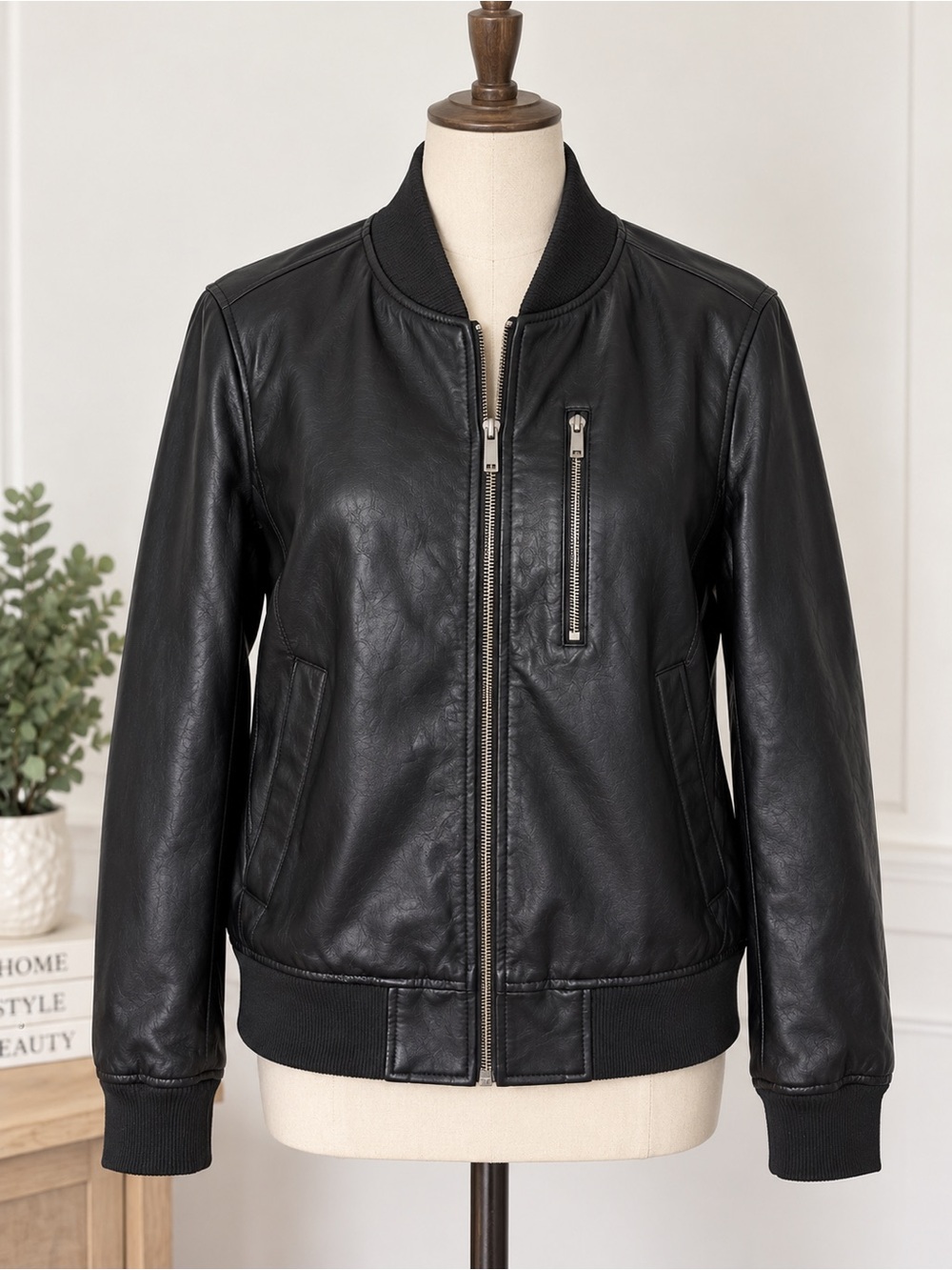 Classic Black Faux Leather Bomber Jacket - Women